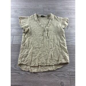 Alex & Parker Shirt Women Medium Beige 1/4 Button Up Linen Rayon S/S Top